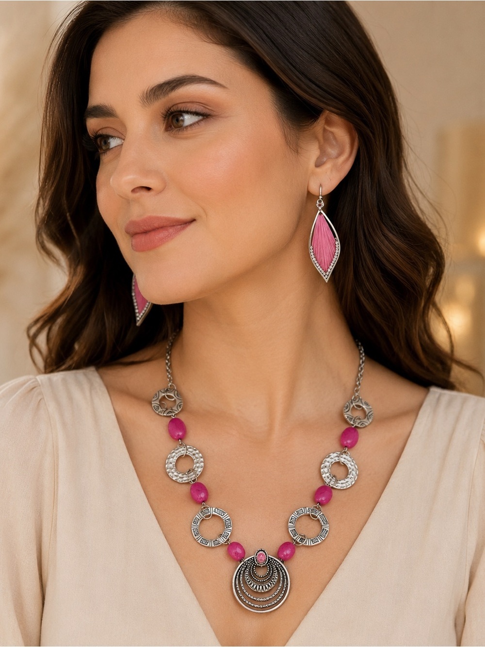Silver-Tone Pink Bead Statement Necklace and Earrings Set
